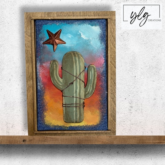Mixed Media Wall Art Saguaro Cactus Scene Sunset Stars Desert Southwest 6 x 8 - Picture 1 of 4